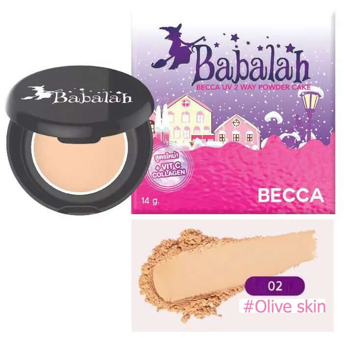 Babalah Becca Powder Cake UV 2 Way Pressed Powder Formula SPF20 PA++ in compact with olive skin shade swatch.