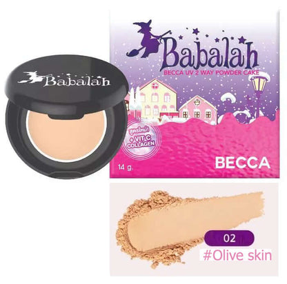 Babalah Becca Powder Cake UV 2 Way Pressed Powder Formula SPF20 PA++ in compact with olive skin shade swatch.