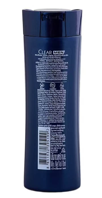 Clear Men Cool Sport Shampoo bottle featuring menthol and anti-dandruff features for a refreshing cleanse.