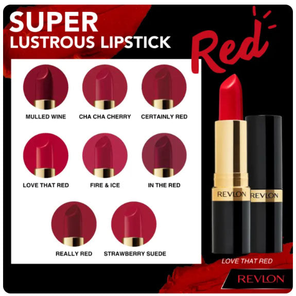Revlon Super Lustrous Lipstick red shades collection creme texture display