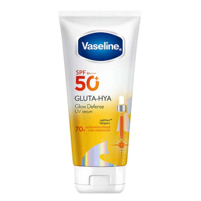 Vaseline Gluta Hya Sunscreen Body Glow Defense UV Serum SPF50+ PA++++ in a white tube packaging with a colorful design.