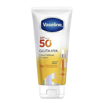 Vaseline Gluta Hya Sunscreen Body Glow Defense UV Serum SPF50+ PA++++ for radiant skin protection.