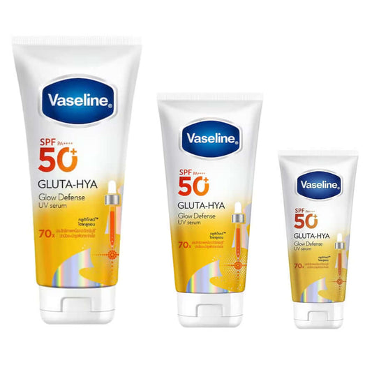 Vaseline Gluta Hya Sunscreen Body Glow Defense UV Serum SPF50+ PA++++ bottles in various sizes