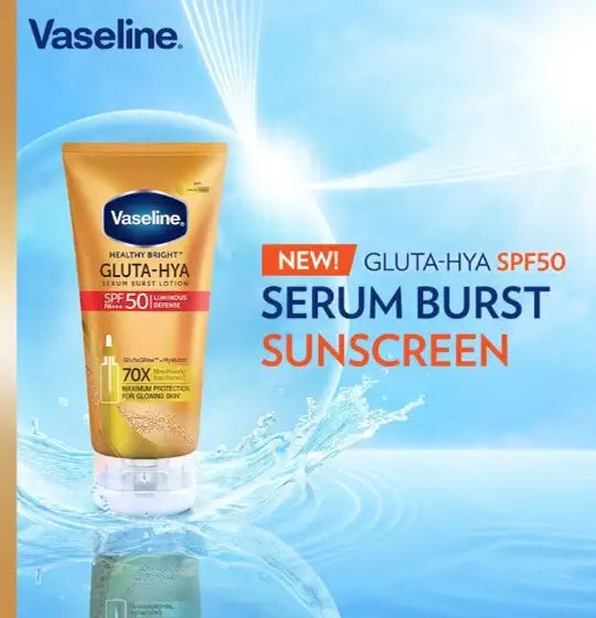 Vaseline Gluta Hya Sunscreen SPF50 PA+++ serum burst sunscreen with water splash design