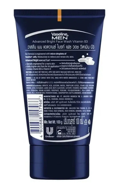Vaseline Men Face Wash Advanced Bright Vitamin B3 100g Back Label Information