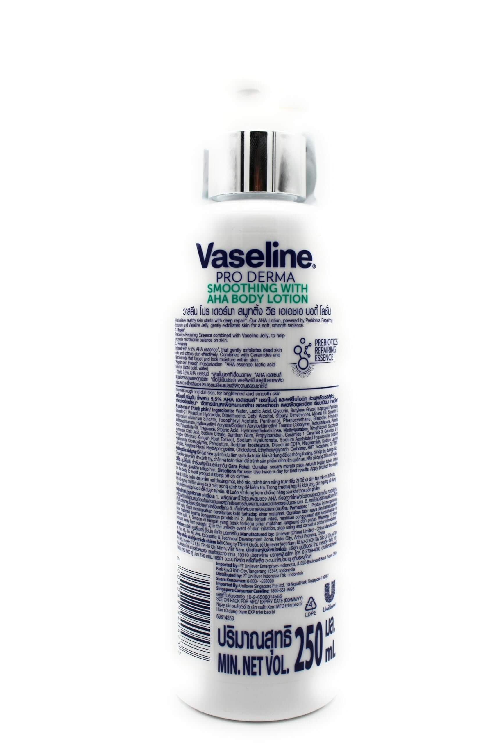 Vaseline Pro Derma 5 AHA body lotion bottle back view showing ingredient list and usage details.