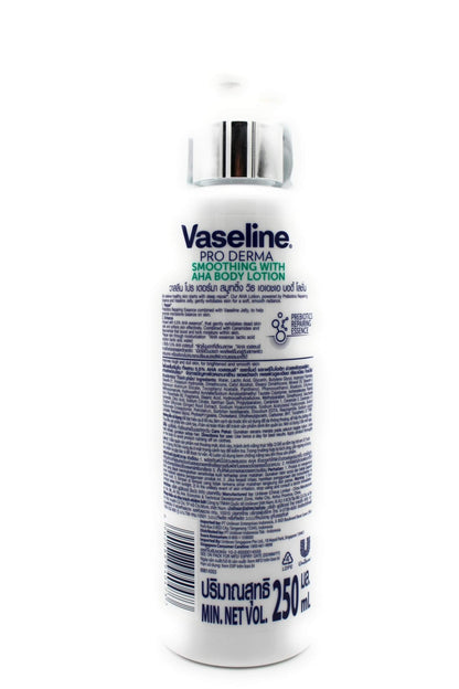 Vaseline Pro Derma 5 AHA body lotion bottle back view showing ingredient list and usage details.