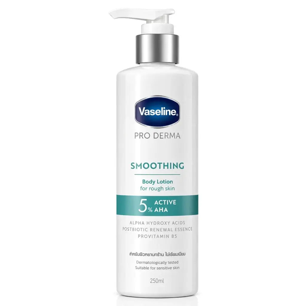 Vaseline Pro Derma 5 AHA smoothing body lotion bottle with pump front view.