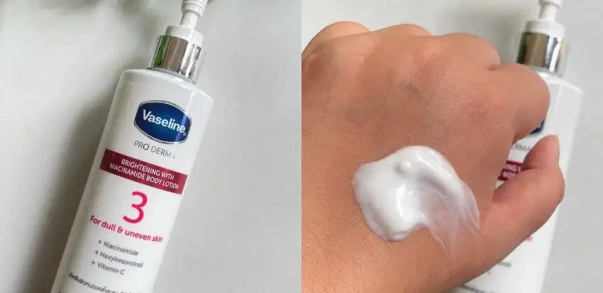 Vaseline Pro Derma Niacinamide Lotion 3 bottle with cream applied on hand for brightening dull uneven skin.