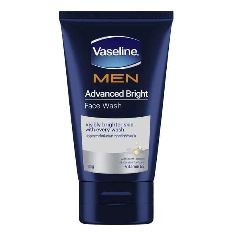 Vaseline Men Face Wash Advanced Bright 100g tube for visibly brighter skin with Vitamin B3. Daily facial cleanser for men.