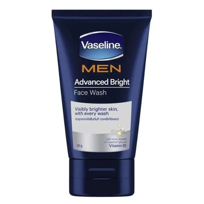 Vaseline Men Face Wash Advanced Bright 100g tube for visibly brighter skin with Vitamin B3. Daily facial cleanser for men.