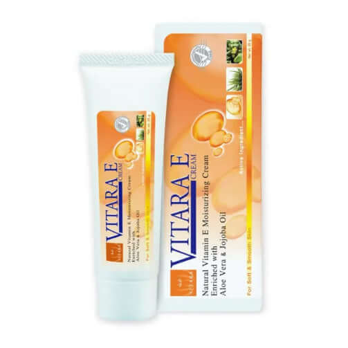 Vitara E Moisturizing Cream 25ml skincare product tube displayed in front of its retail box.