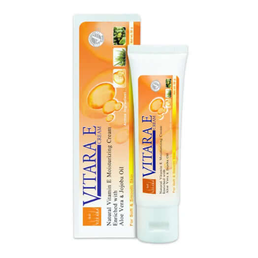 Front view of Vitara E Moisturizing Cream 50ml tube standing next to its original orange packaging box.