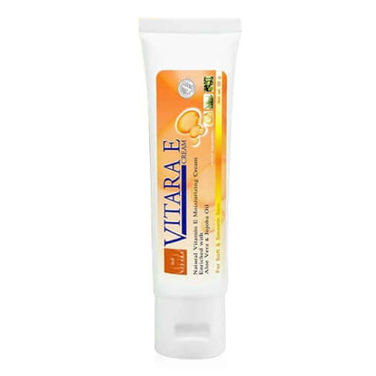 Vitara E Moisturizing Cream tube with natural Vitamin E, Aloe Vera, and Jojoba Oil for hydrated skin.