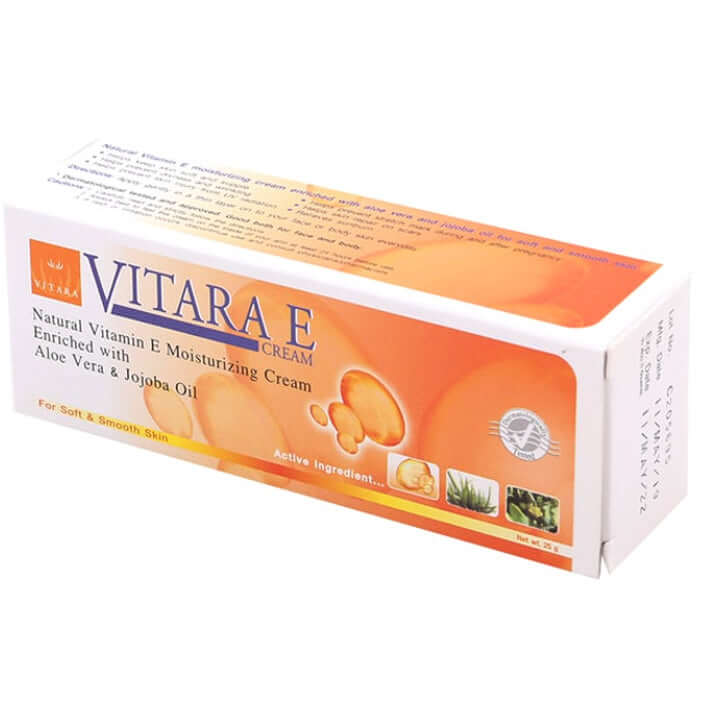 Vitara E Moisturizing Cream box packaging featuring Natural Vitamin E, Aloe Vera and Jojoba Oil for soft, smooth skin.