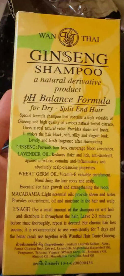 Back view of Wan Thai Ginseng Shampoo packaging box with directions and ingredients list