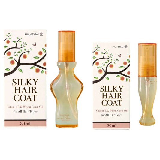 Two sizes of Wanthai Silky Hair Coat bottles standing next to their packaging boxes on a white background.