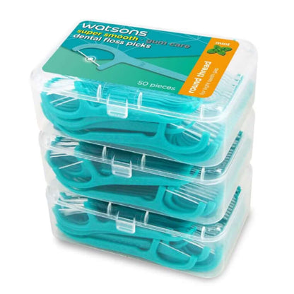 Watsons Dental Floss Picks Super Smooth Mint Round Thread 3 Boxes with 50 pieces each for gum care.