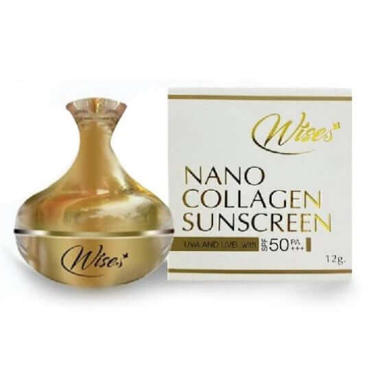 Wise Nano Collagen Sunscreen 12g packaging box and gold jar container on white background.