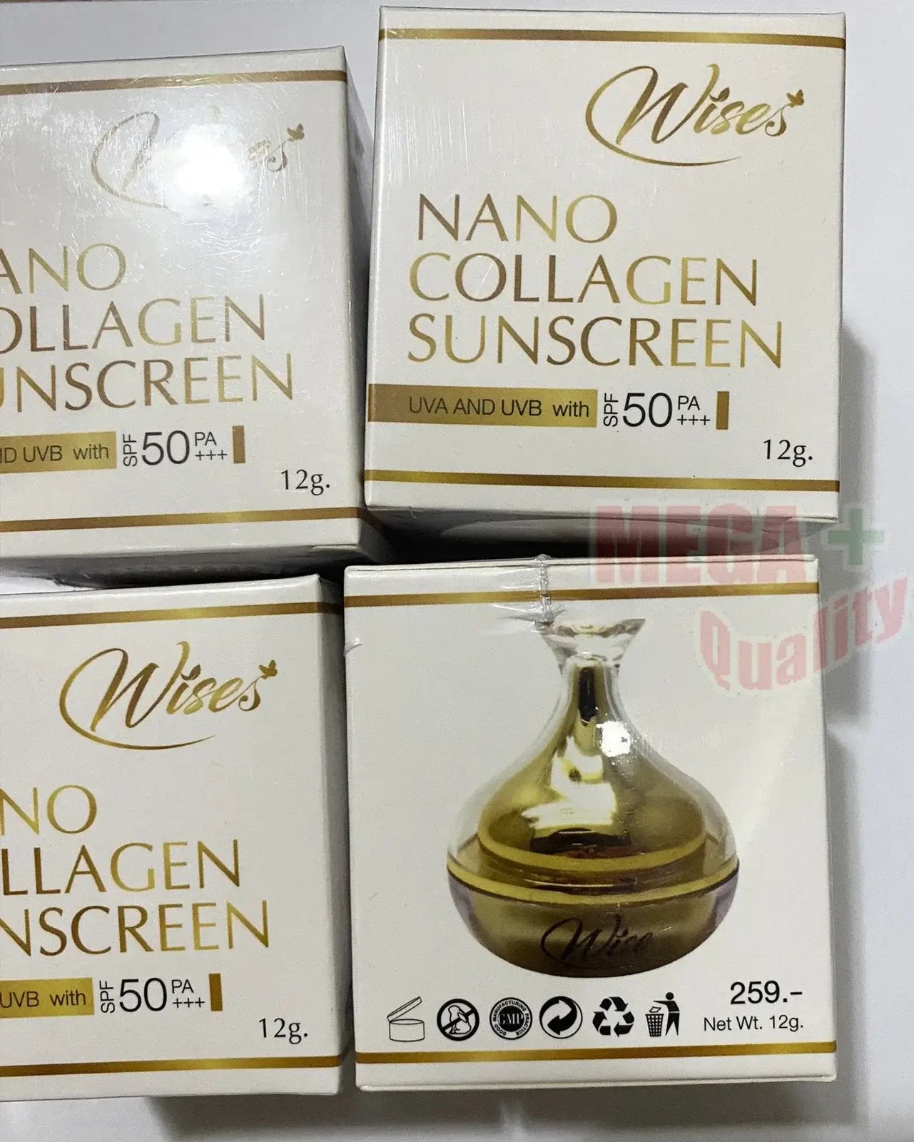 Stack of Wise Nano Collagen Sunscreen boxes showing product name and front design.