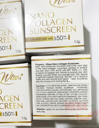Back panel of Wise Nano Collagen Sunscreen packaging displaying product properties, ingredients, and company details.