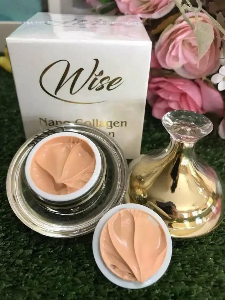 Wise Nano Collagen Sunscreen SPF50 PA+++ face cream in jar with golden cosmetic applicator.