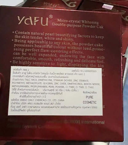 Yafu Two Way Cake No 988 30g Micro Crystal Double Purpose Powder packaging showcasing product details and ingredients.
