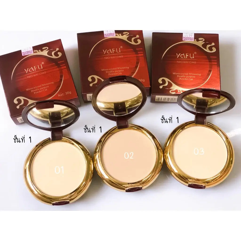Group shot of Yafu Two Way Cake face powder compacts showing different makeup shades