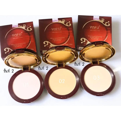 Three shades of Yafu Two Way Cake compact powder displayed with their original boxes