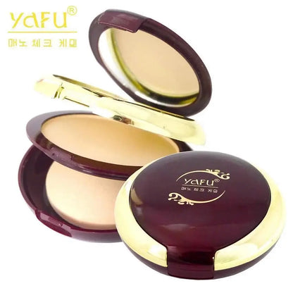 Yafu Two Way Cake makeup set with open and closed compacts and a sponge applicator
