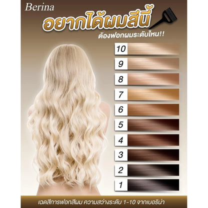 Berina A33 Hair Color showcasing a model with long, wavy light blonde hair beside a color chart.