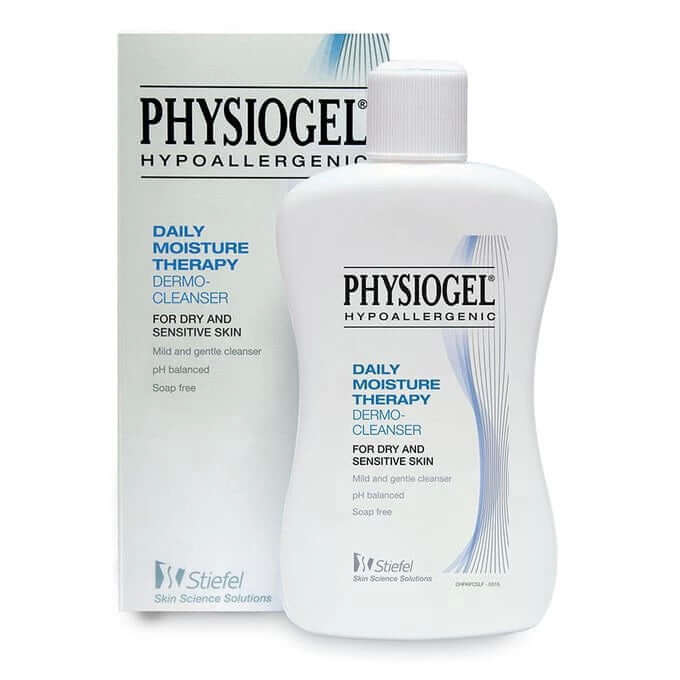 Physiogel Hypoallergenic Cleanser box and bottle front view for dry sensitive skin 150ml
