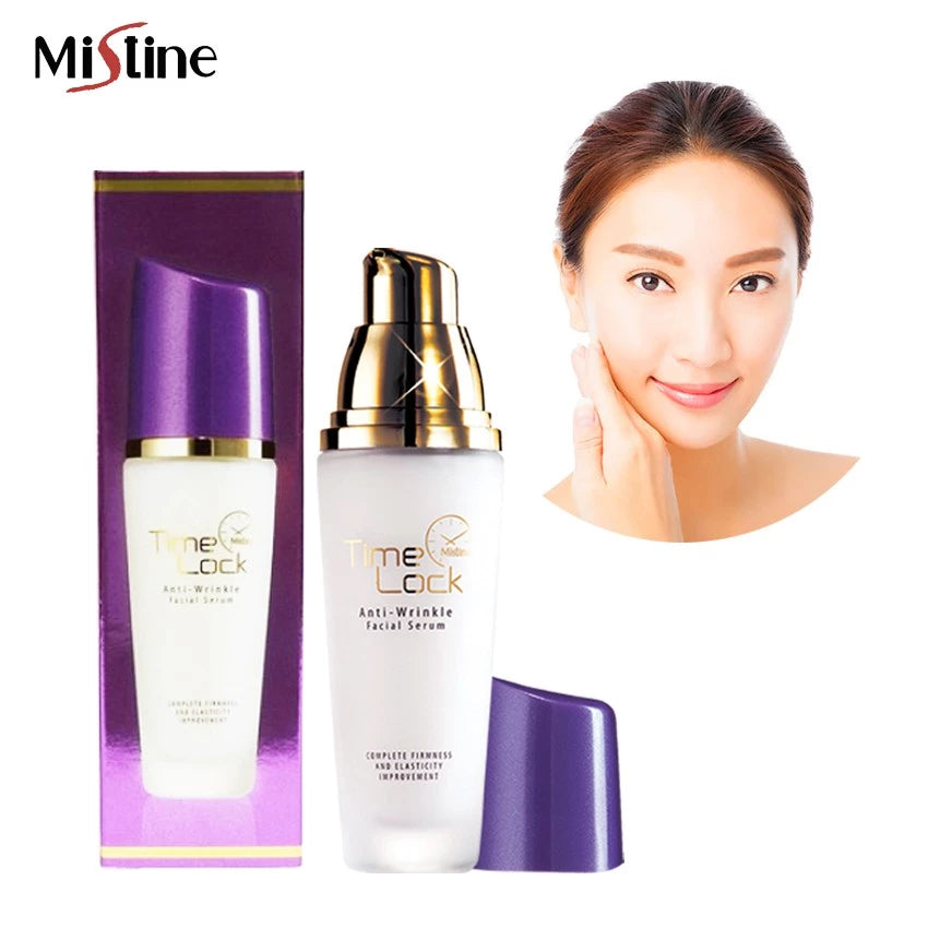 Mistine Time Lock Serum product shot with model showing facial skincare results