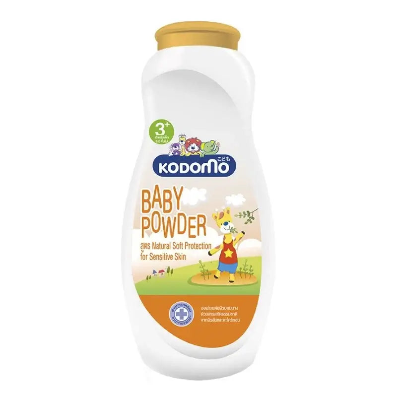 Front view of Kodomo Baby Powder 3+ Natural Soft Protection orange bottle, white background.
