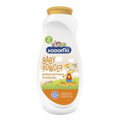 Front view of Kodomo Baby Powder 3+ Natural Soft Protection orange bottle, white background.