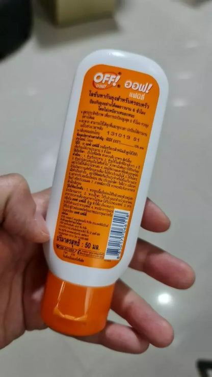 OFF Family Mosquito Lotion 50ml bottle back view showing ingredients and usage information.