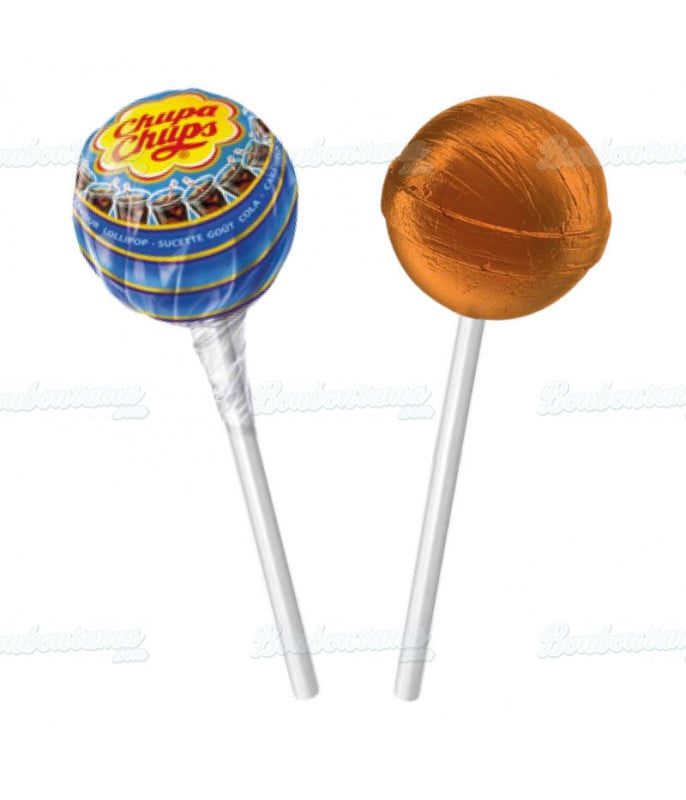 Two unwrapped Chupa Chups Cola flavor lollipops showing candy color
