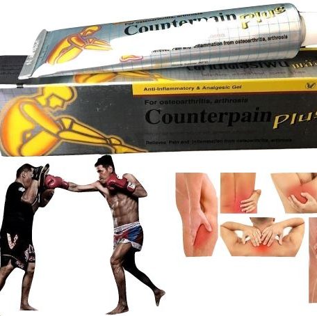 Counterpain Plus Analgesic Gel promotional image with athletes using the gel for sports injury and joint recovery