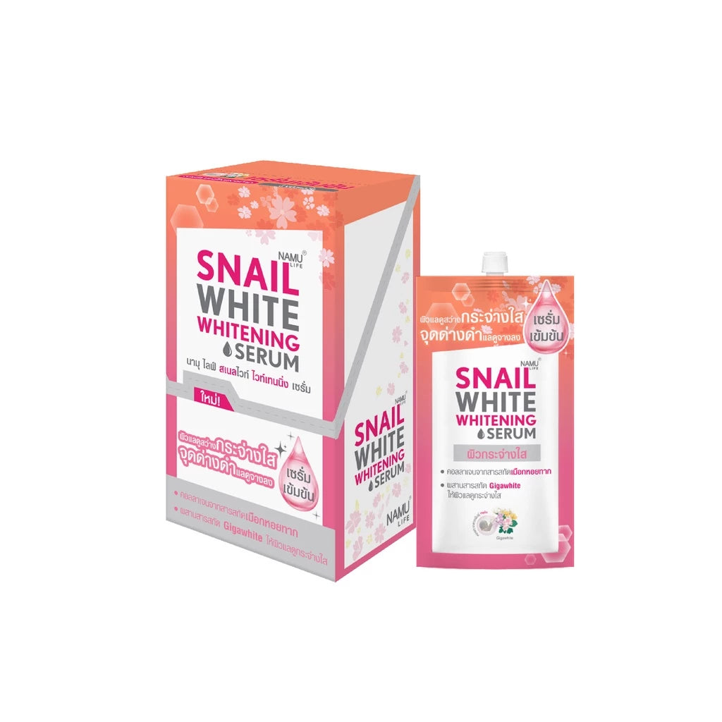 NAMU LIFE SNAIL WHITE SERUM product box and sachet angled view
