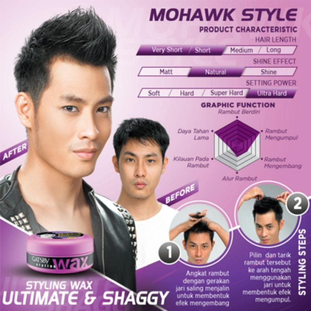 GATSBY WAX ULTIMATE SHAGGY product display showing hairstyle results and styling guide on purple packaging