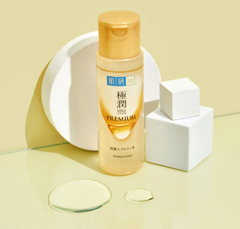 Hada Labo Premium Lotion Gokujyun 30ml bottle with box minimalist studio background