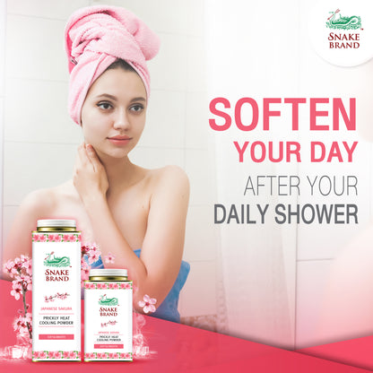 Snake brand prickly heat powder Soft Smooth Japanese Sakura promotional image featuring woman after shower with silky smooth skin.