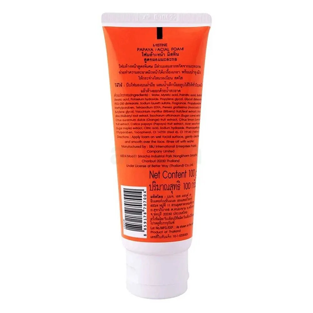 Mistine Papaya Facial Foam back view showing full ingredient list and barcode