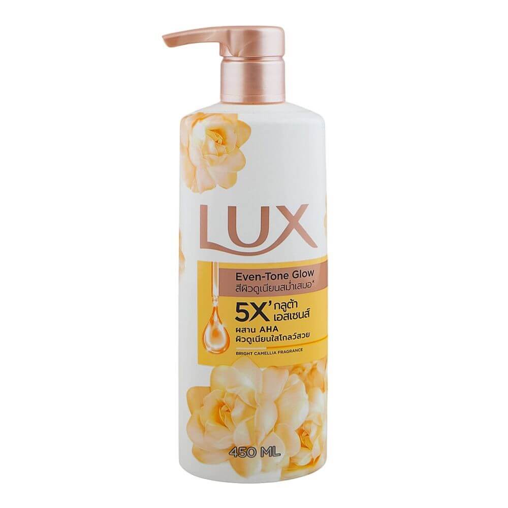 LUX Body Wash Camellia Even Tone Glow 450ml with 5X Gluta Essence and AHA for radiant, smooth skin.
