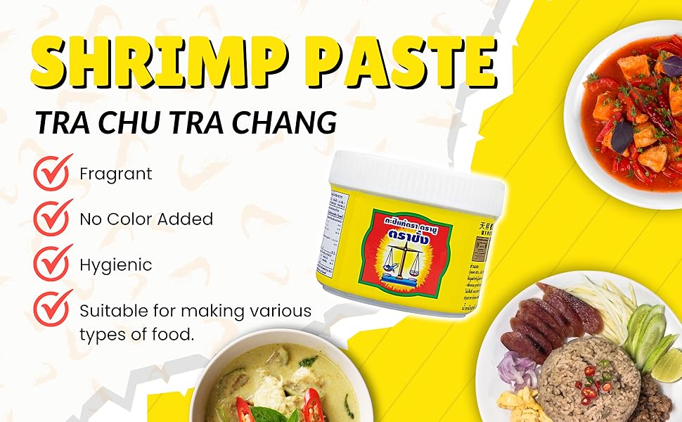 A promotional image for Trachang shrimp paste with text "Kapi Tra Chu Tra Chang" and illustrations of the product being used in Thai soup or sauce.