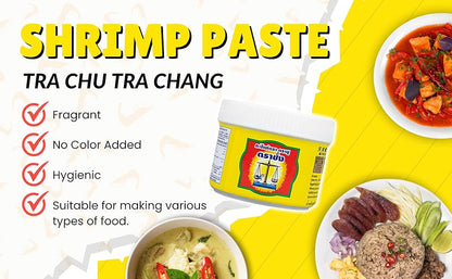 A promotional image for Trachang shrimp paste with text "Kapi Tra Chu Tra Chang" and illustrations of the product being used in Thai soup or sauce.