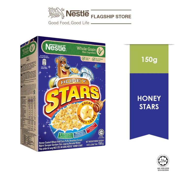 Nestlé Honey Stars Cereal 150g side view with product details and nutrition highlights