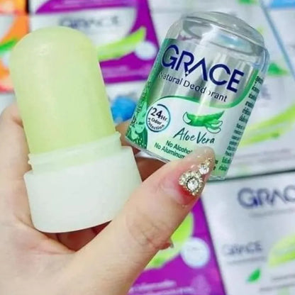 GRACE Aloe Vera Natural Crystal Deodorant stick held in hand showing size