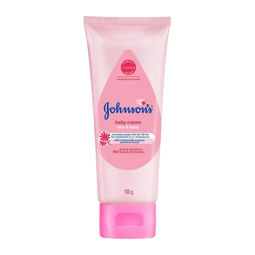 Front view of johnsons baby cream face body tube package in pink background