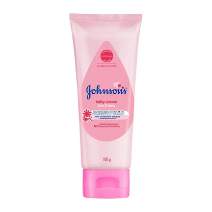 Front view of johnsons baby cream face body tube package in pink background